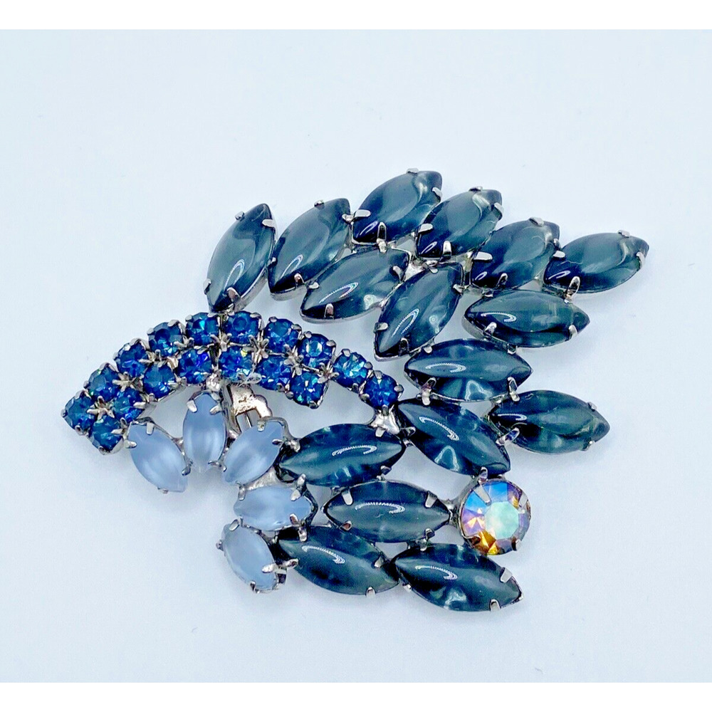 Vintage AB Glass Rhinestone Spray Brooch Silver Tone Gray Blue Estate Statement
